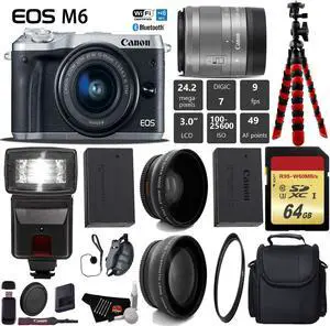 Canon EOS M6 Mirrorless Digital Camera (Silver) with EF-M 15-45mm IS STM Lens + Flash + UV FLD CPL Filter Kit + Wide Angle & Telephoto Lens + Camera Case + Tripod + Card Reader - International Version