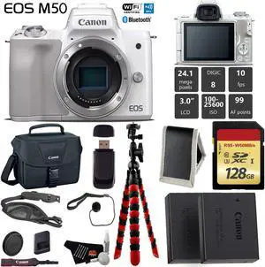 Canon EOS M50 Mirrorless Digital Camera (White, Body Only) + 128GB Class 10 Memory Card + LED + Canon Camera Case + Flexible Tripod + Extra Battery - International Version