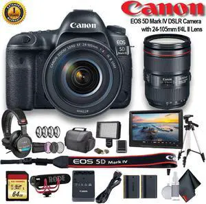 Canon EOS 5D Mark IV DSLR Camera with 24-105mm f/4L II Lens (Intl Model) (1483C010) W/ Bag, Extra Battery, LED Light, Mic, Filters, Tripod, Monitor and More - Professional Bundle