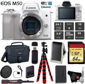 Canon EOS M50 Mirrorless Digital Camera (White, Body Only) + 64GB Class 10 Memory Card + Canon Camera Case + Flexible Tripod + Memory Card Wallet +  Cap Keeper + Card Reader - International Version