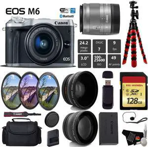 Canon EOS M6 Mirrorless Digital Camera (Silver) with EF-M 15-45mm IS STM Lens + UV FLD CPL Filter Kit + Wide Angle & Telephoto Lens + Camera Case + Tripod + Card Reader - International Version