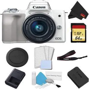 Canon EOS M50 Mirrorless Digital Camera with 15-45mm Lens (White) Basic Bundle w/ 64GB Memory Card - Intl Model