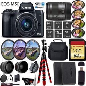 Canon EOS M50 Mirrorless Digital Camera +15-45mm Lens + UV FLD CPL Filter Kit +