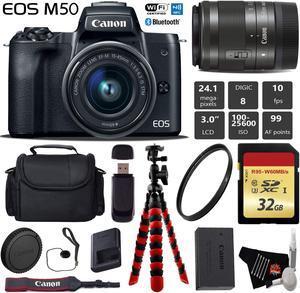 Canon EOS M50 Mirrorless Digital Camera with 15-45mm Lens + Flexible Tripod + UV Protection Filter + Professional Case + Card Reader - International Version
