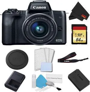 Canon EOS M50 Mirrorless Digital Camera with 15-45mm Lens (Black) Basic Bundle w/ 64GB Memory Card - Intl Model