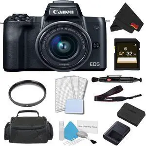 Canon EOS M50 Mirrorless Digital Camera with 15-45mm Lens (Black) Advanced Bundle w/ 32GB Memory Card - Intl Model