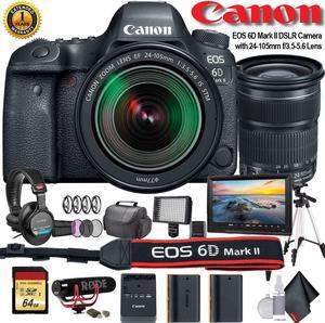 Canon EOS 6D Mark II DSLR Camera with 24-105mm f/3.5-5.6 Lens (Intl Model) (1897C021) W/ Bag, Extra Battery, LED Light, Mic, Filters, Tripod, Monitor and More - Professional Bundle