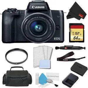 Canon EOS M50 Mirrorless Digital Camera with 15-45mm Lens (Black) Advanced Bundle w/ 64GB Memory Card - Intl Model
