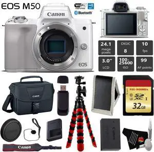 Canon EOS M50 Mirrorless Digital Camera (White, Body Only) + 32GB Class 10 Memory Card + Canon Camera Case + Flexible Tripod + Memory Card Wallet +  Cap Keeper + Card Reader - International Version
