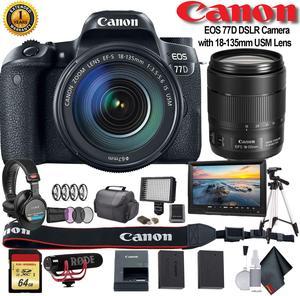 Canon EOS 77D DSLR Camera with 18-135mm USM Lens (Intl Model) (1892C002) W/ Bag, Extra Battery, LED Light, Mic, Filters, Tripod, Monitor and More - Professional Bundle
