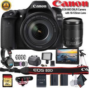 Canon EOS 80D DSLR Camera with 18-135mm Lens (1263C006) W/ Bag, Extra Battery, LED Light, Mic, Filters, Tripod, Monitor and More - Professional Bundle