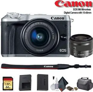 Canon EOS M6 Mirrorless Digital Camera with 15-45mm Lens (Intl Model) (Silver) (1725C011) - Starter Bundle