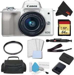 Canon EOS M50 Mirrorless Digital Camera with 15-45mm Lens (White) Advanced Bundle w/ 64GB Memory Card - Intl Model