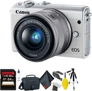 Canon EOS M100 Mirrorless Digital Camera with 15-45mm Lens (White) + 64GB Memory Card + Mega Accessory Kit + 2 Year Acci