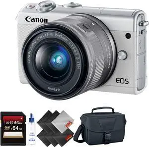 Canon EOS M100 Mirrorless Digital Camera with 15-45mm Lens (White) + 64GB Memory Card + 2 Year Accidental Warranty