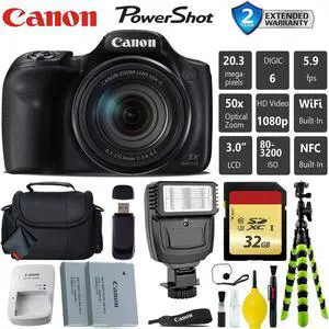 Canon PowerShot SX540 HS Digital Point and Shoot Camera + Extra Battery + Digital Flash + Camera Case + 32GB Class 10 Me