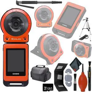 CASIO EX-FR10 EXILIM Digital Action Camera 14.1 MP - Orange - 64GB MicroSD - Case - Cleaning Kit - Tripod - Monopod 70"