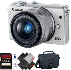 Canon EOS M100 Mirrorless Digital Camera with 15-45mm Lens (White) + 64GB Memory Card + 1 Year Warranty