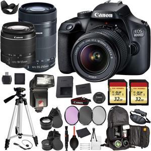 Canon EOS Rebel 4000d Digital SLR Camera with EFS 1855mm  EFS 55250mm STM Black Pro Accessory Bundle Package Deal