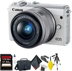 Canon EOS M100 Mirrorless Digital Camera with 15-45mm Lens (White) + 64GB Memory Card + Mega Accessory Kit + 1 Year Warr
