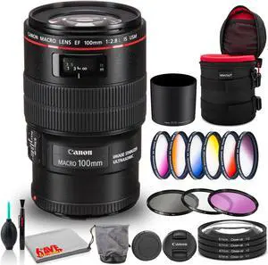 Canon EF 100mm f/2.8L Macro IS USM Lens Bundle with Cleaning Kit, Filter Kits, and Padded Lens Case (Intl Model)
