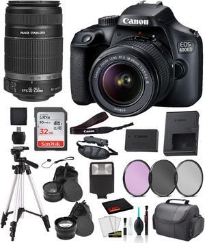 Canon EOS 4000D (Rebel T100) EF-S 18-55mm and EF-S 55-250mm Lens Bundle SanDisk 32gb + Filters + MORE - International