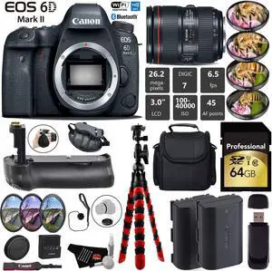 Canon EOS 6D Mark II DSLR Camera with 24-105mm f/4L II Lens + Professional Battery Grip + 4PC Macro Filter Kit + LED Kit Pro Bundle
