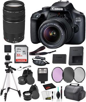 Canon EOS 4000D EF-S 18-55mm and EF 73-300mm Lens Bundle SanDisk 32gb + Filters + MORE - International