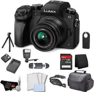 Panasonic Lumix DMC-G7 Mirrorless Micro Four Thirds Digital Camera with 14-42mm Lens (Black) - Bundle with 64GB Memory C