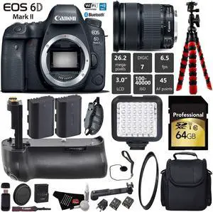 Canon EOS 6D Mark II DSLR Camera with 24-105mm is STM Lens + Professional Battery Grip + UV Protection Filter + LED Kit