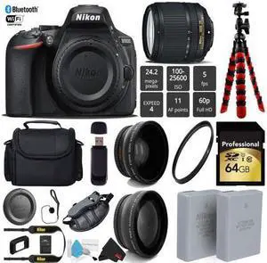 Nikon D5600 DSLR Wi-FI NFC 24.2MP DX CMOS Camera AF-S 18-140mm VR Lens + LED Light kit + Wide Angle & Telephoto Lens + 12 inch Flexible Tripod + Camera Case - (Intl Model)