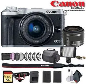 Canon EOS M6 Mirrorless Digital Camera with 15-45mm Lens (Intl Model) (Silver) (1725C011) W/ Bag, Extra Battery, LED Light, Mic, Filters and More - Advanced Bundle