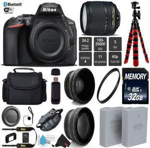 Nikon D5600 DSLR Wi-FI NFC 24.2MP DX CMOS Camera AF-S 18-140mm VR Lens + LED Light kit + Wide Angle & Telephoto Lens + 12" Flexible Tripod + Camera Case - (Intl Model)
