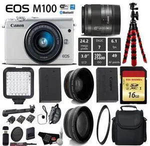 Canon EOS M100 Mirrorless Digital Camera (White) with 15-45mm Lens + LED + UV FLD CPL Filter Kit + Wide Angle & Telephoto Lens + Camera Case + Tripod + Card Reader - International Version