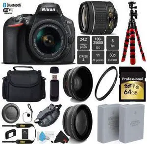 Nikon D5600 DSLR Wi-FI NFC 24.2MP DX CMOS Camera AF-P 18-55mm VR Lens + LED Light kit + Wide Angle & Telephoto Lens + 12 inch Flexible Tripod + Camera Case - (Intl Model)