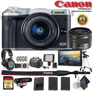 Canon EOS M6 Mirrorless Digital Camera with 15-45mm Lens (Intl Model) (Silver) (1725C011) W/ Bag, Extra Battery, LED Light, Mic, Filters, Tripod, Monitor and More - Professional Bundle