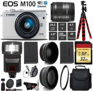 Canon EOS M100 Mirrorless Digital Camera (White) with 15-45mm Lens + Flash + UV FLD CPL Filter Kit + Wide Angle & Telephoto Lens + Camera Case + Tripod + Card Reader - International Version