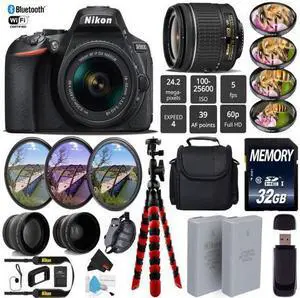 Nikon D5600 DSLR Wi-FI NFC 24.2MP DX CMOS Camera AF-P 18-55mm VR Lens + Wide Angle & Telephoto Lens + LED Light kit + 7PC Filter Kit + Camera Case - (Intl Model)
