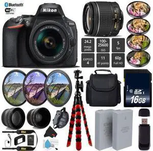 Nikon D5600 DSLR Wi-FI NFC 24.2MP DX CMOS Camera AF-P 18-55mm VR Lens + LED Light kit + Wide Angle & Telephoto Lens + 7PC Filter Kit + Camera Case - (Intl Model)