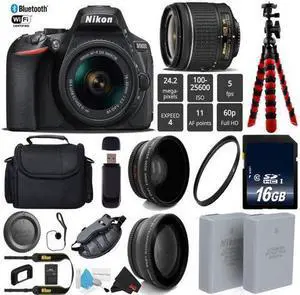 Nikon D5600 DSLR Wi-FI NFC 24.2MP DX CMOS Camera AF-P 18-55mm VR Lens + LED Light kit + Wide Angle & Telephoto Lens + 12" Flexible Tripod + Camera Case - (Intl Model)
