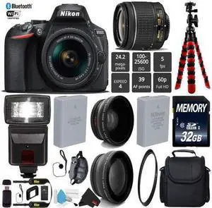 Nikon D5600 DSLR Wi-FI NFC 24.2MP DX CMOS Camera AF-P 18-55mm VR Lens + Digital Slave SLR Flash + UV Protection Lens Filter + 12" Flexible Tripod + Camera Case - (Intl Model)