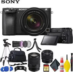 Sony Alpha a6500 Mirrorless Digital Camera with 18-135mm Lens, 50mm E Mount Lens, Carry Case, Memory Card Kit, and Tripo