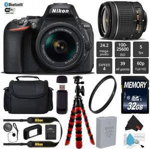 Nikon D5600 DSLR Wi-FI NFC 24.2MP DX CMOS Camera AF-P 18-55mm VR Lens + 12" Flexible Tripod + Camera Case - (Intl Model)