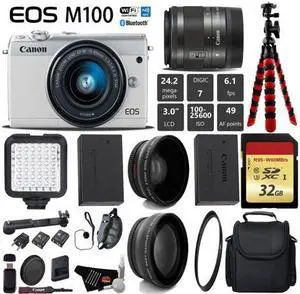 Canon EOS M100 Mirrorless Digital Camera (White) with 15-45mm Lens + LED + UV FLD CPL Filter Kit + Wide Angle & Telephoto Lens + Camera Case + Tripod + Card Reader - International Version