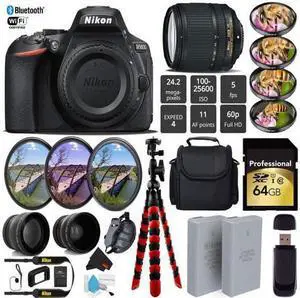 Nikon D5600 DSLR Wi-FI NFC 24.2MP DX CMOS Camera AF-S 18-140mm VR Lens + LED Light kit + Wide Angle & Telephoto Lens + 7PC Filter Kit + Camera Case - (Intl Model)