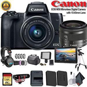 Canon EOS M50 Mirrorless Digital Camera with 15-45mm Lens (Intl Model) (2680C011) W/ Bag, Extra Battery, LED Light, Mic, Filters, Tripod, Monitor and More - Professional Bundle