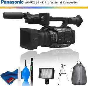 Panasonic AG-UX180 4K Premium Professional Camcorder + Backpack + LED Light + Tripod + Cleaning Kit