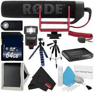 Rode VideoMic GO VIDEOMIC-GO + 64GB Memory Card + Flexible Tripod with Gripping Rubber Legs + Full Size Tripod + Deluxe