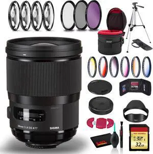 Sigma 28mm f/1.4 DG HSM Art Lens for Nikon F with Cleaning Kit, 57" Tripod, 32GB Memory Kit, Filter Kits, and Case Bundle