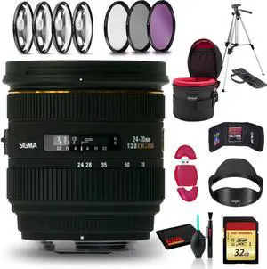 Sigma 24-70mm f/2.8 IF EX DG HSM Lens for Sony A with Cleaning Kit, Full Size Tripod, 32GB Memory Kit, Filters, and Case
